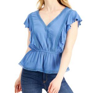 JR216 Self Esteem Blue Juniors' Flutter-Sleeve Peplum-Hem Top Size S